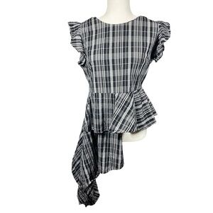 Asymmetrical Black and White Plaid Blouse Medium Flair Flutter BW‎ Wedding